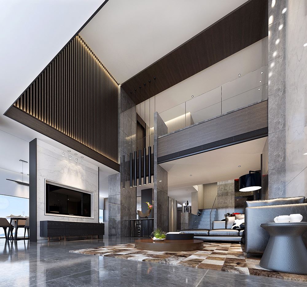 黑白灰现代简约风格室内装修效果图-合肥天湖郦都别墅420平米